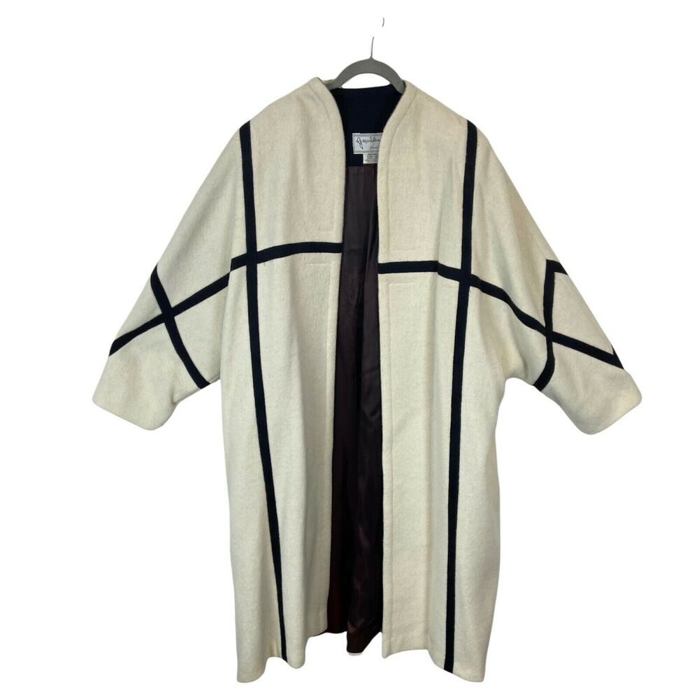Alpaca Wool Blend Overcoat Geraldine Of Peru Women Cream Black Sz Large Vintage